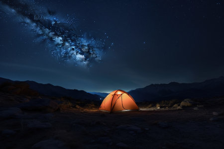 Tourist tent in the mountains under the starry night sky.の素材