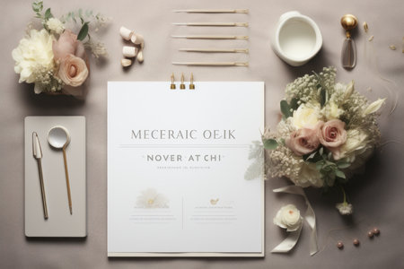 Wedding invitation card mock up with cutlery and flowersの素材