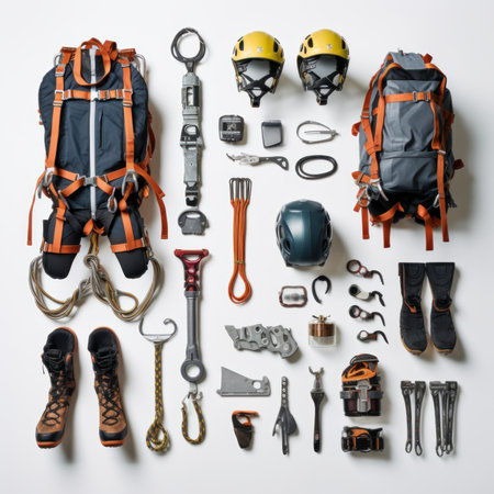 Set of equipment for mountaineering on white background, top viewの素材