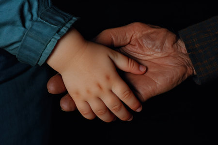 Grandfather holding hand of his grandson on black background. Close up.の素材