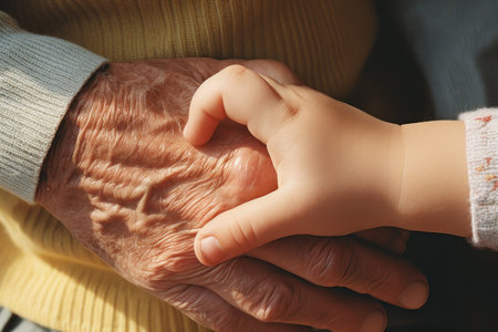 Grandmother and grandson holding hands, closeup. Elderly care conceptの素材