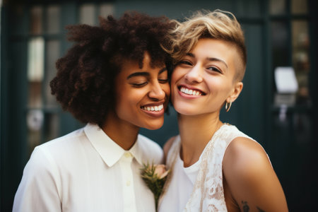 Close-up portrait of a smiling young lesbian couple embracing each otherの素材