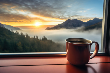 Cup of coffee on the windowsill in the mountains at sunriseの素材
