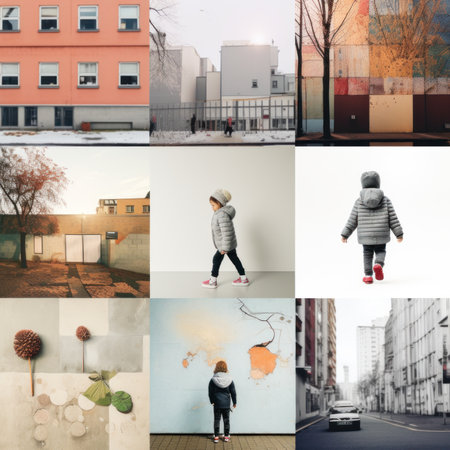 Collage of photos of a young girl on the street in winterの素材