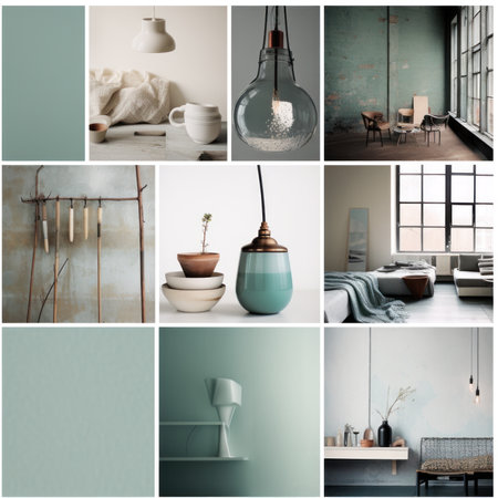 Collage of modern living room interior in blue tones. 3d renderingの素材
