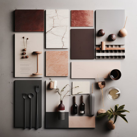 Set of branding elements on gray background. Flat lay, top viewの素材