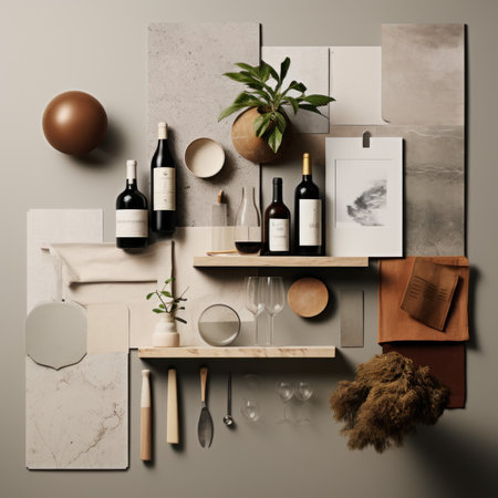 Wooden shelf with bottles of wine and accessories on beige backgroundの素材