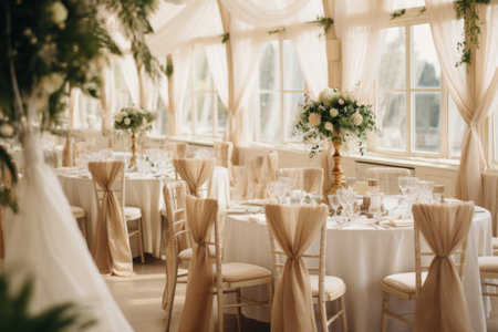 Wedding Banquet Table Decorated with Tablecloth and Chairsの素材