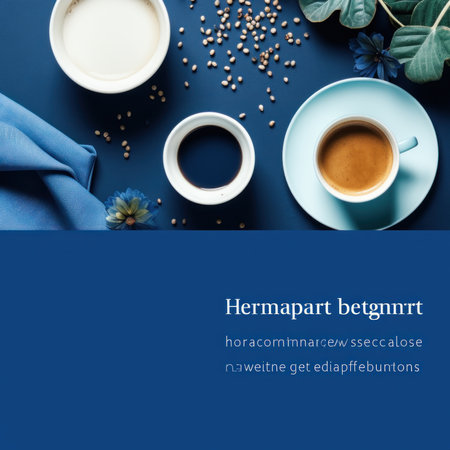 Cup of coffee on blue background. Flat lay, top view.の素材