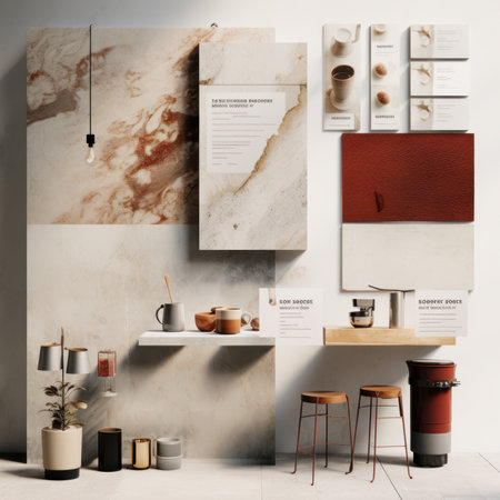 Interior of modern kitchen with beige walls, concrete floor, white countertops with built in sink, bar stools and coffee cup. 3d renderingの素材
