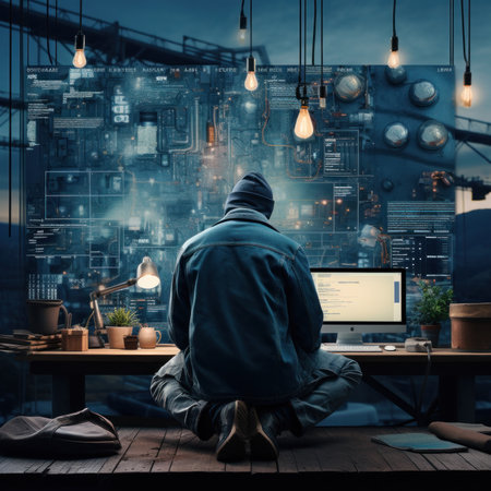Back view of hacker sitting at table in office and looking at night cityの素材