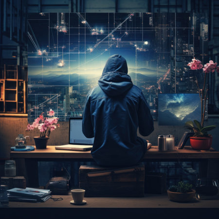 Hacker sitting on a table in front of a computer screen.の素材