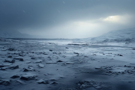 Icelandic winter landscape with snow and frozen lake. Toned.の素材