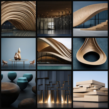 3D rendering of modern architecture in a collage with wooden elementsの素材