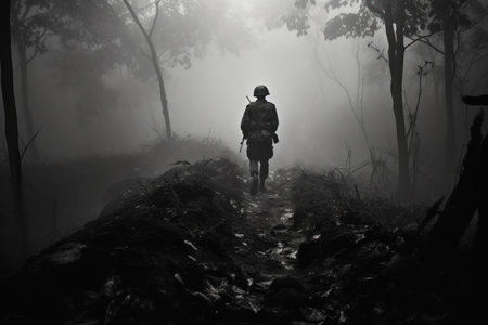 Silhouette of a man walking in the forest with foggy backgroundの素材
