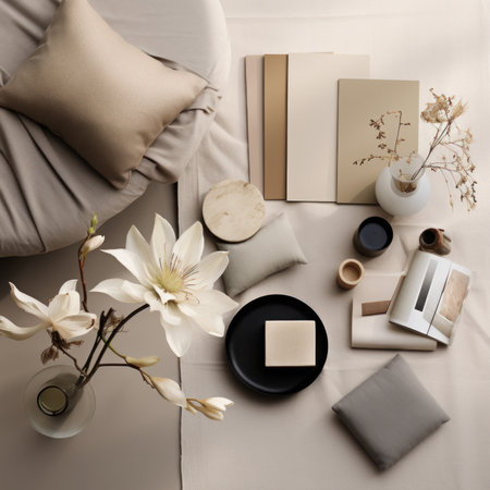 Stylish interior design of living room with pillows, coffee table, book, vase with flowers and accessories. Flat lay.の素材