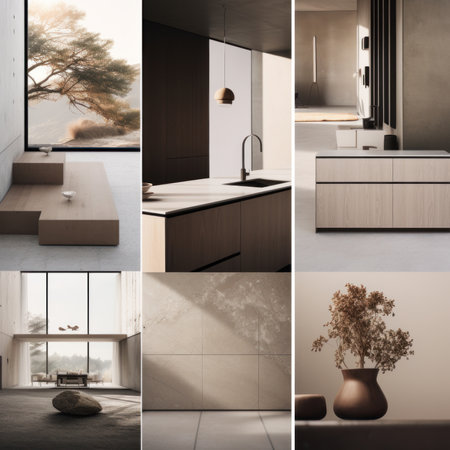 Interior of modern kitchen with beige tiled walls, concrete floor, gray countertops and wooden cupboards. 3d renderingの素材