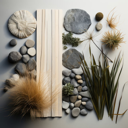 Flat lay composition with stones, plants and grass on white backgroundの素材