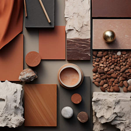 Collage with natural cosmetic products and stones on gray background, flat layの素材