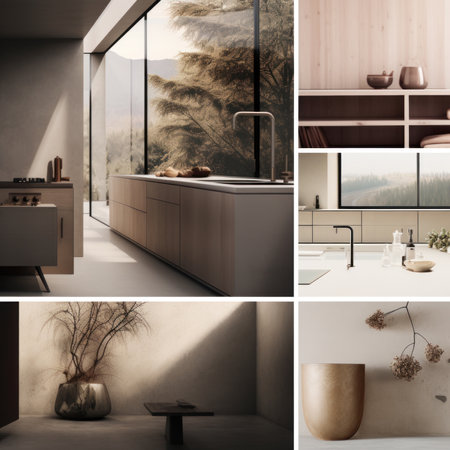Collage of interior of modern kitchen. 3d rendering concept.の素材