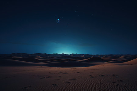 Desert sand dunes at night with moon and stars in the skyの素材