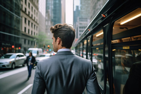 Back view of a young businessman standing in the middle of a city streetの素材