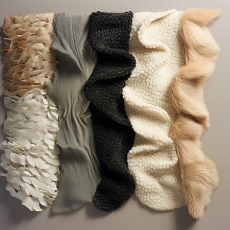 Fashionable woolen scarf and shawl in different colors. top view.の素材
