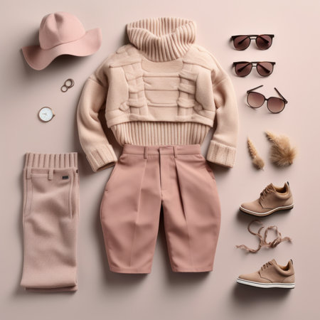 Stylish clothes and accessories on color background, top view. Fashionable outfitの素材