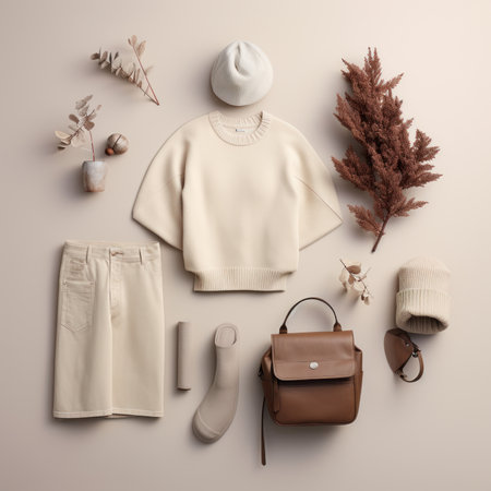 Women's clothes and accessories on the beige background. Flat lay, top view.の素材