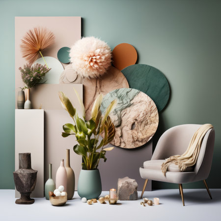 Modern living room interior with armchair, armchair, plants, vases and decor elements. Mock up, 3D renderingの素材