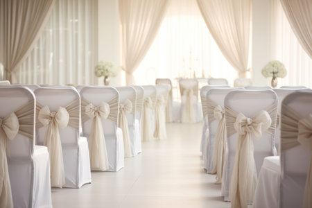 Wedding chairs in a row with white and beige ribbonsの素材