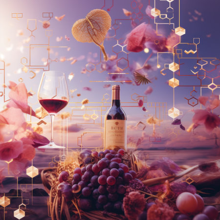 Bottle of red wine with bunch of grapes on the background of natureの素材