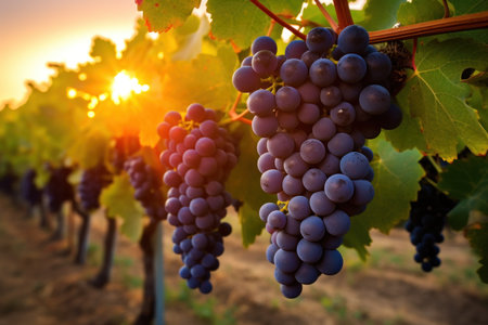Ripe red wine grapes in vineyard at sunset. Tuscany, Italyの素材