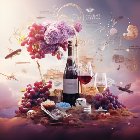Wine composition. Bottle of wine, grapes, crackers and other food ingredients.の素材