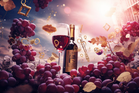 Wine bottle and glass of red wine on vineyard background with grapesの素材