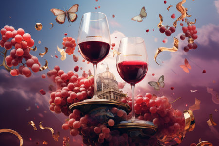 Two glasses of red wine with grapes and butterfly flying in the skyの素材