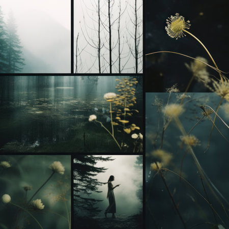 Collage of photos with a woman in a pine forest in the fogの素材