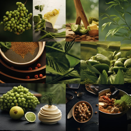 Collage of different types of vegetables and fruits on a dark backgroundの素材