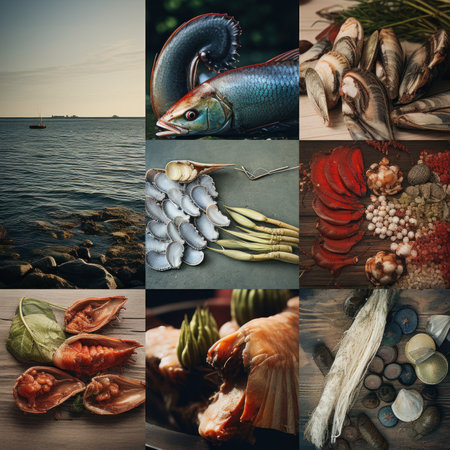 Collage of fresh seafood on the sea. Healthy eating concept.の素材