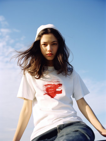 young pretty teenage hipster girl posing emotional happy smiling on blue sky background, lifestyle people conceptの素材