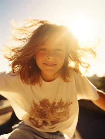 Portrait of a beautiful little girl with long blond hair in the sunlightの素材