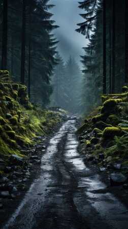 Mysterious foggy forest trail in the Carpathians, Ukraineの素材