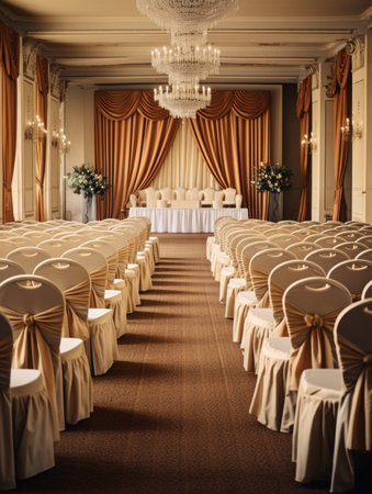 Wedding Banquet hall with chairs and table set for guestsの素材