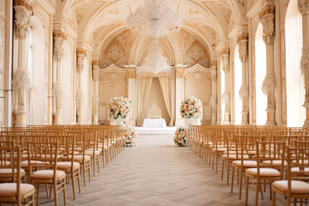 Interior of the church with chairs, tables and chairs, wedding dayの素材
