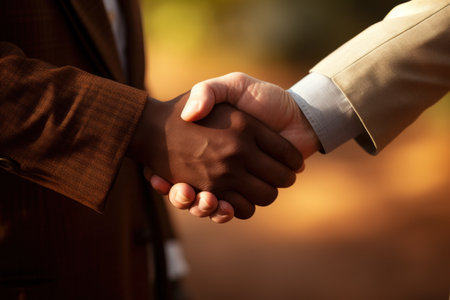 Close-up image of business people shaking hands on blurred background.の素材