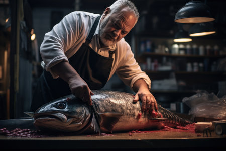 Senior male chef cutting fresh fish in the kitchen of a seafood restaurantの素材