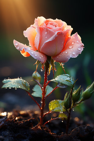 Beautiful rose with dew drops on the background of the sunの素材