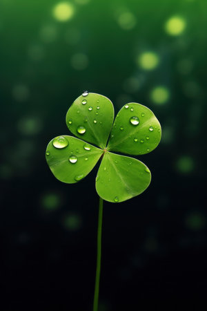Green clover leaf with water drops on dark background. St.Patrick's Dayの素材