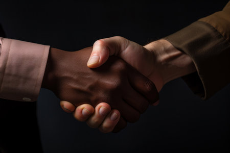 Close-up image of business people shaking hands against black background.の素材
