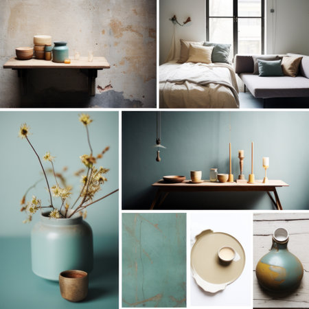 collage of modern living room interior in blue and beige tonesの素材
